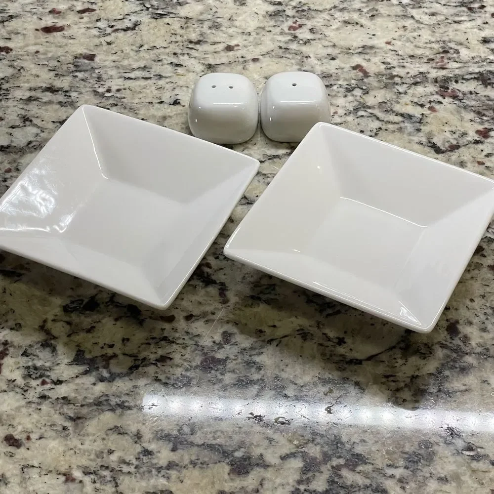 Fortressa Fortaluxe Small 5” White Ceramic Sauce Dishes & Small S&P Shakers